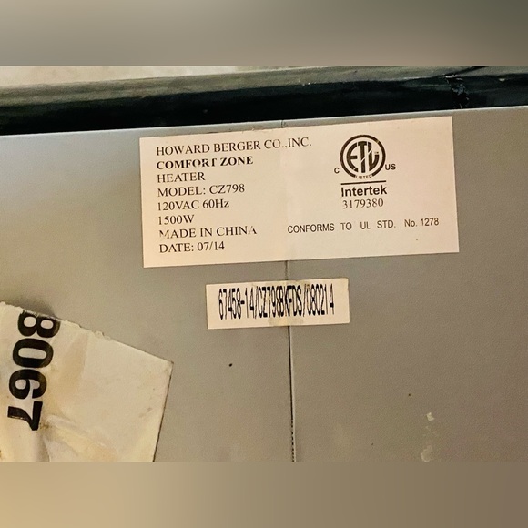 Comfort Zone Portable Heater Model CZ798 - Howard Berger Company Inc - 1500W - Picture 5 of 5